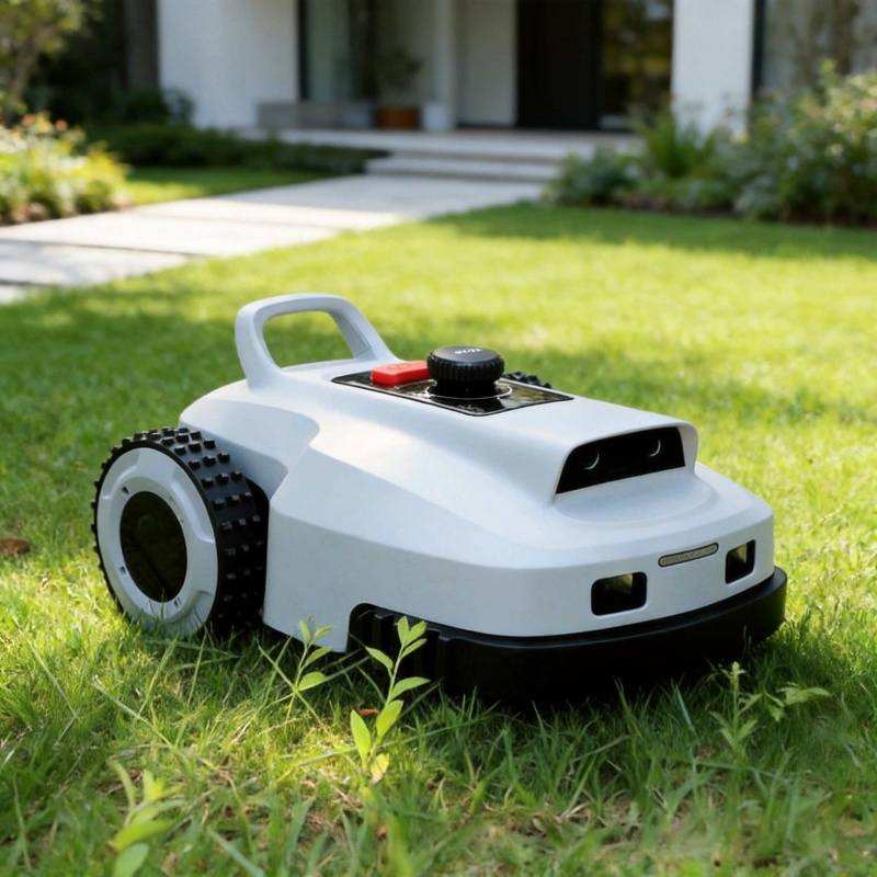 Robot tondeuse VERDA — vue de face sur pelouse